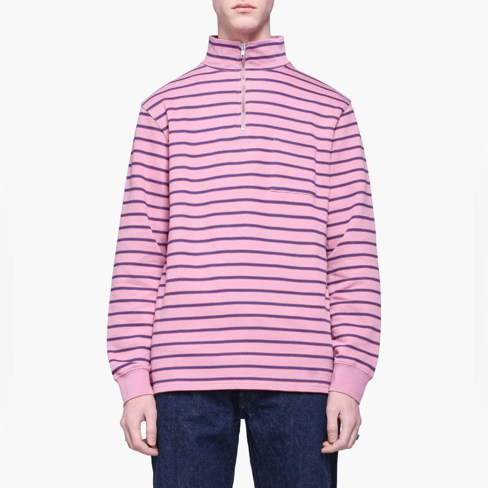 Très Bien Half Zip Loop Back Sweater Sweatshirt Stripe Pink Size Medium